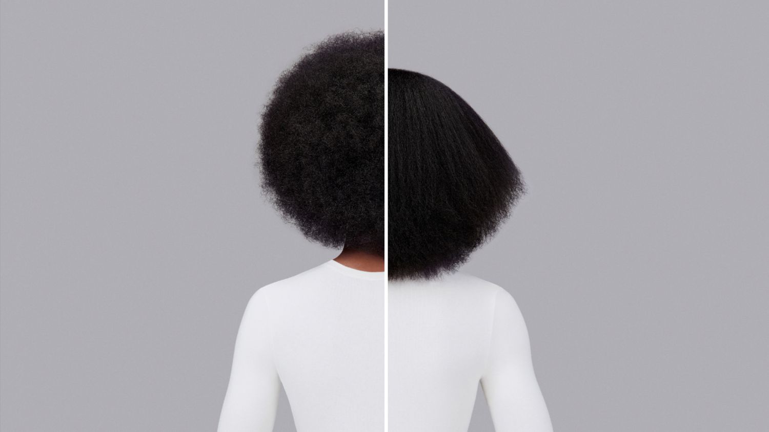 A model with red hair before and after styling their hair with Dyson Chitosan Pre-style cream.