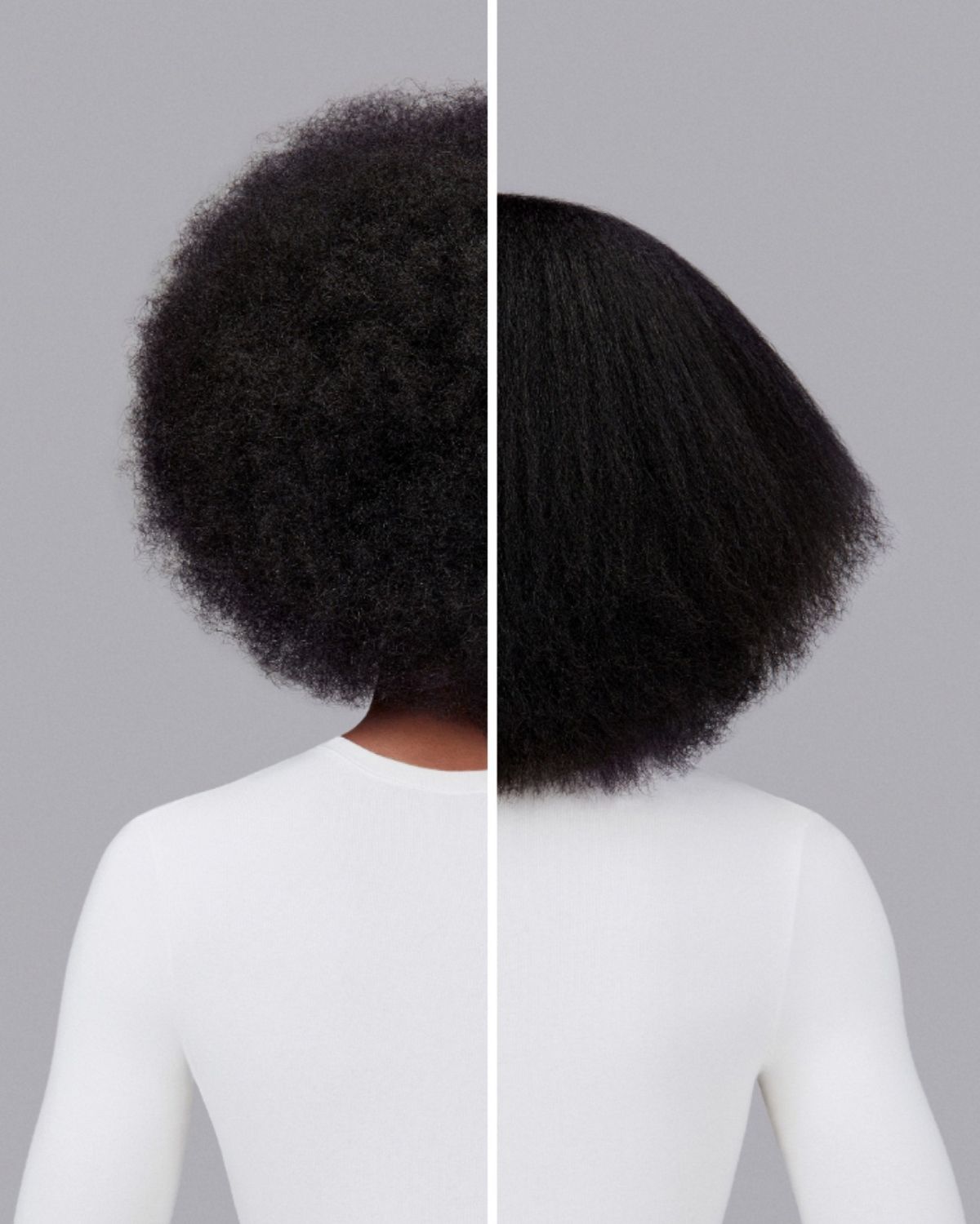 A model with red hair before and after styling their hair with Dyson Chitosan Pre-style cream.