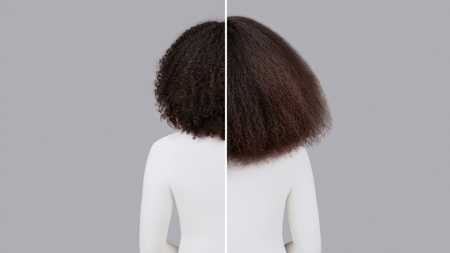 A model with brunette hair before and after styling their hair with Dyson Chitosan Pre-style cream.