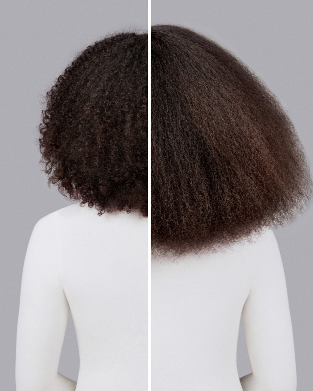 A model with brunette hair before and after styling their hair with Dyson Chitosan Pre-style cream.