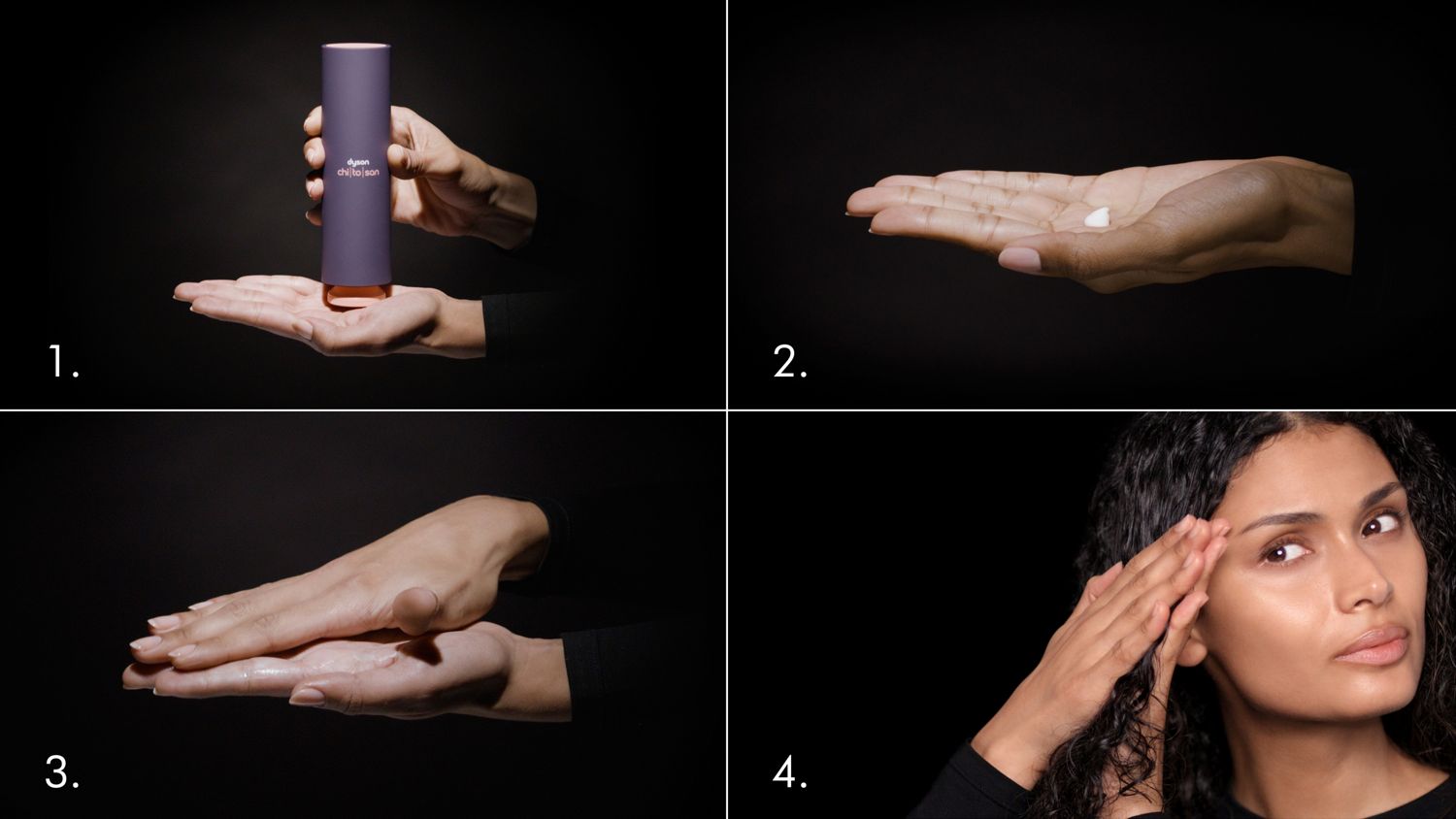 A model smoothing their blonde hair with Dyson Chitosan Pre-style cream.