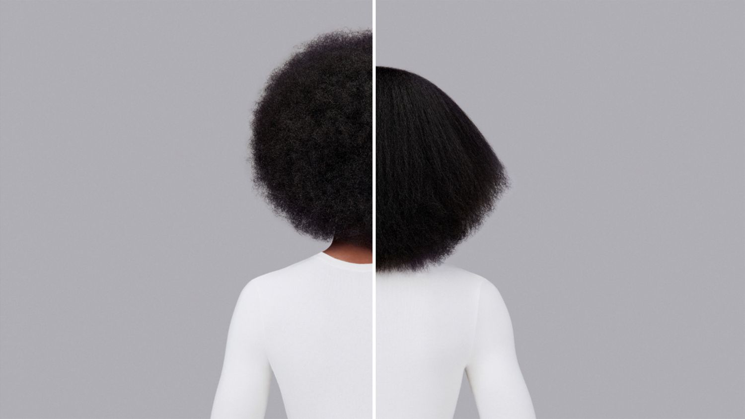 A model with brown hair before and after styling their hair with Dyson Chitosan Pre-style cream.