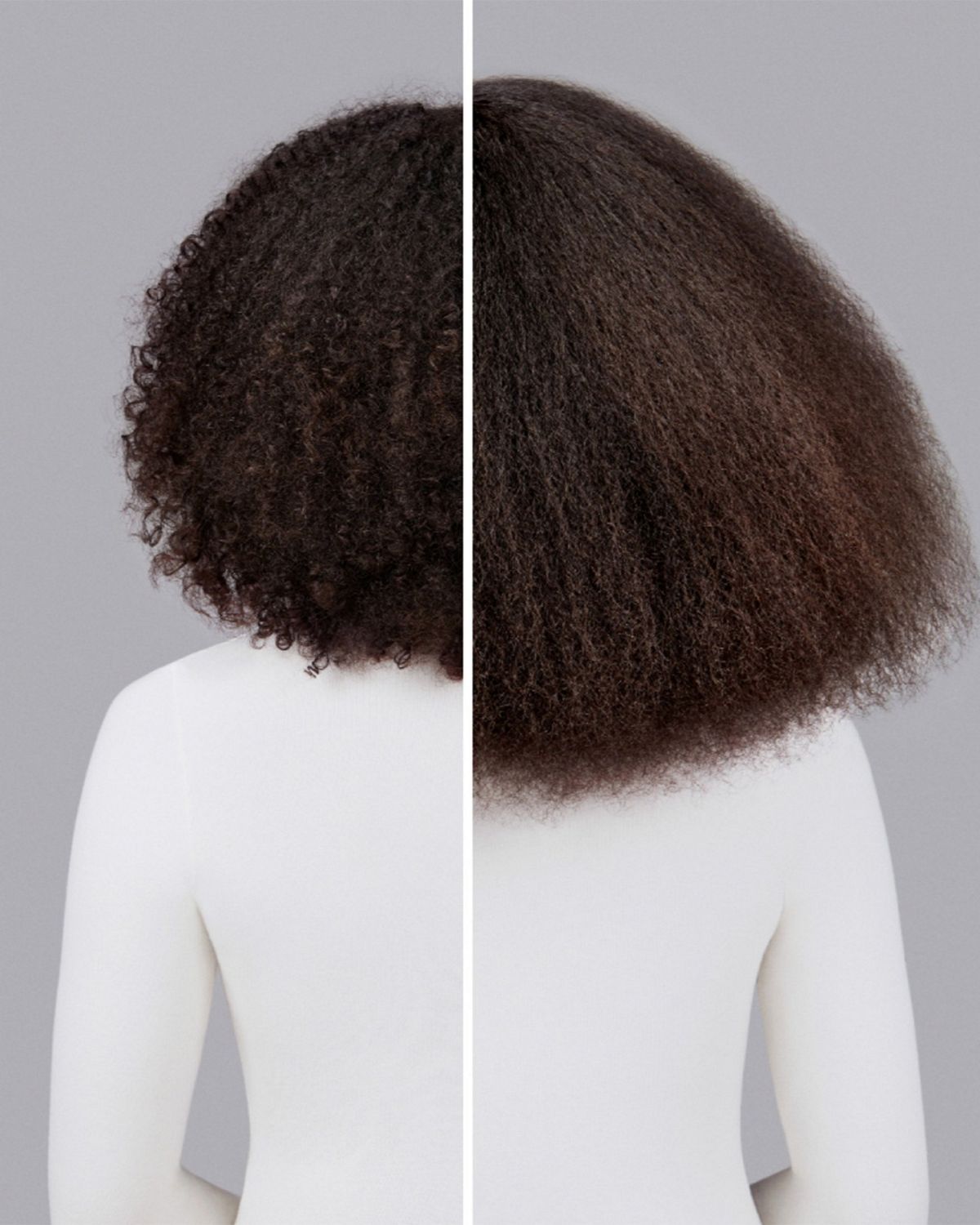 A model with brown coily hair before and after styling their hair with Dyson Chitosan Pre-style cream.