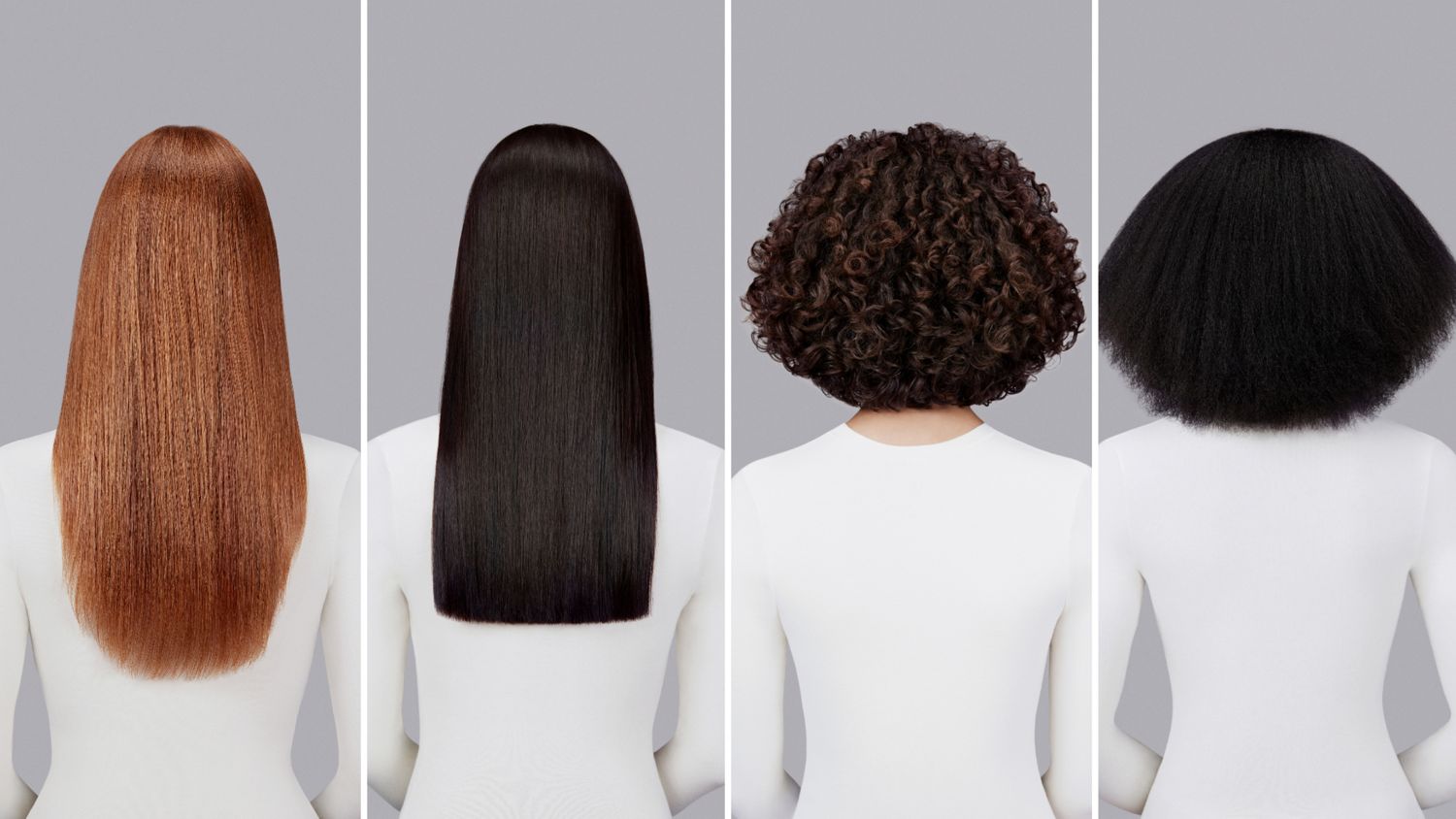 Rear view of a selection of models with hair styled using Dyson Chitosan Post-style serum.