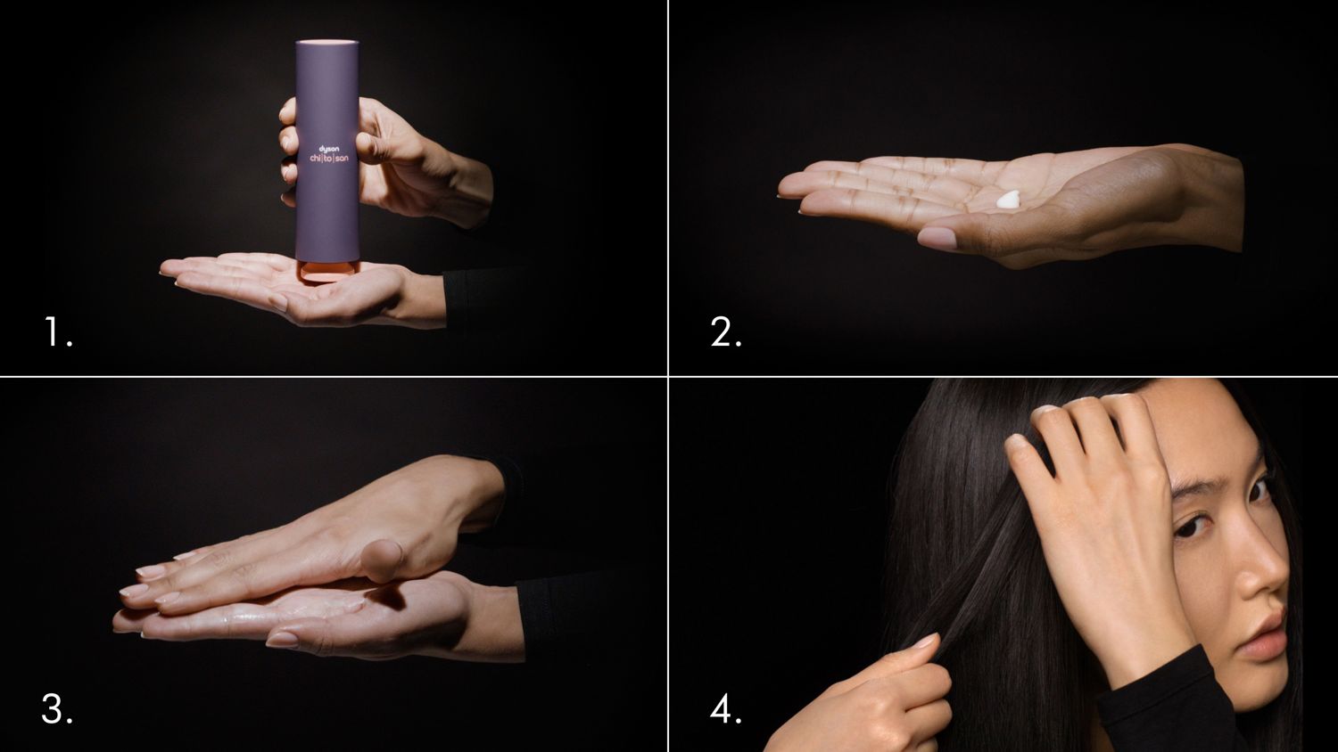 A model smoothing their blonde hair with Dyson Chitosan Post-style serum.