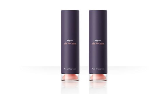Dyson Chitosan Pre-style cream and Post-style serum bottles.