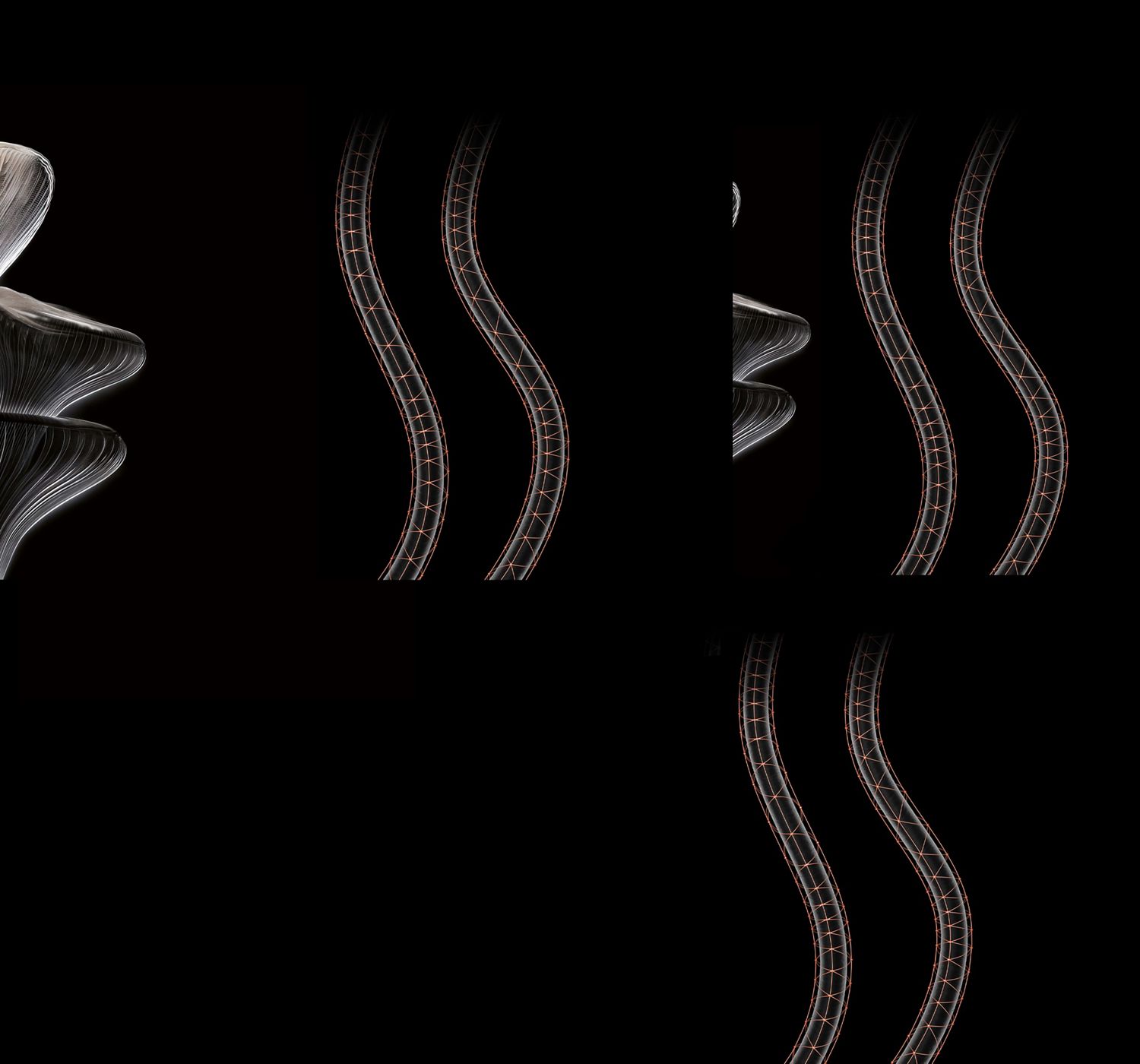 Deux mèches de cheveux entourées de délicates structures dorées en forme de toile. 