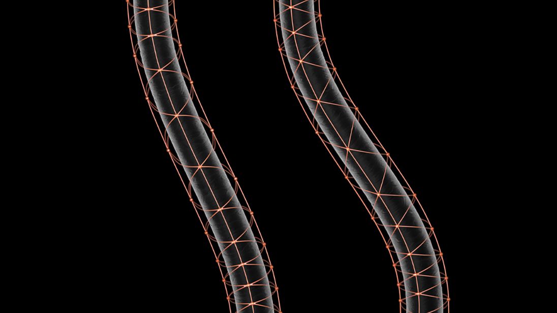 Très gros plan de mèches de cheveux entourées de délicates structures dorées en forme de toile. Elles sont séparées l’une de l’autre et peuvent se déplacer librement.