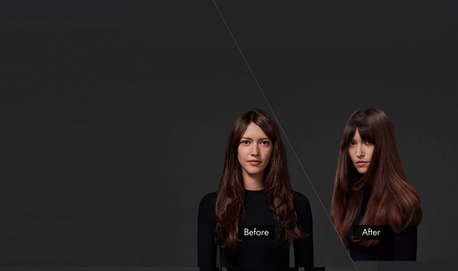 A brunette model. On the left, her long, wavy hair is unstyled. On the right, it is smooth and styled with Dyson Chitosan™ products..