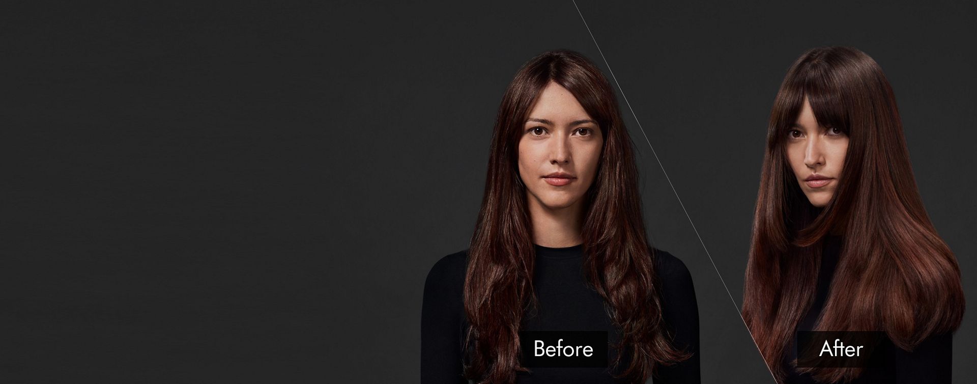 A brunette model. On the left, her long, wavy hair is unstyled. On the right, it is smooth and styled.