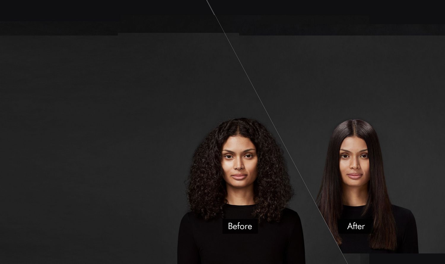 A model with black hair. On the left, her long, curly hair is unstyled. On the right, it is styled straight and smooth.