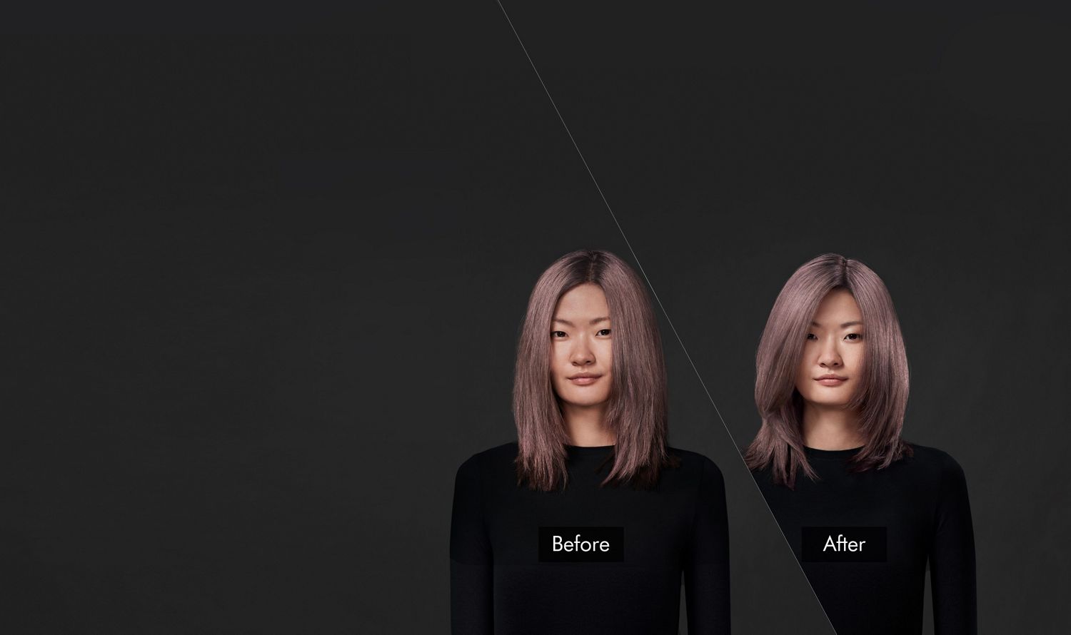 A brunette model. Her mid-length, straight hair on the left is unstyled. On the right, it is smooth and styled.