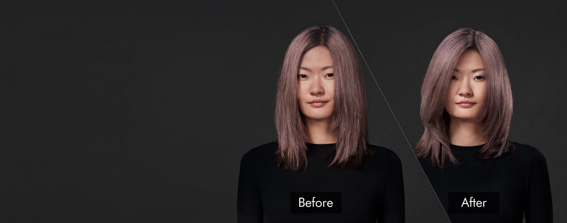 A brunette model. Her mid-length, straight hair on the left is unstyled. On the right, it is smooth and styled.