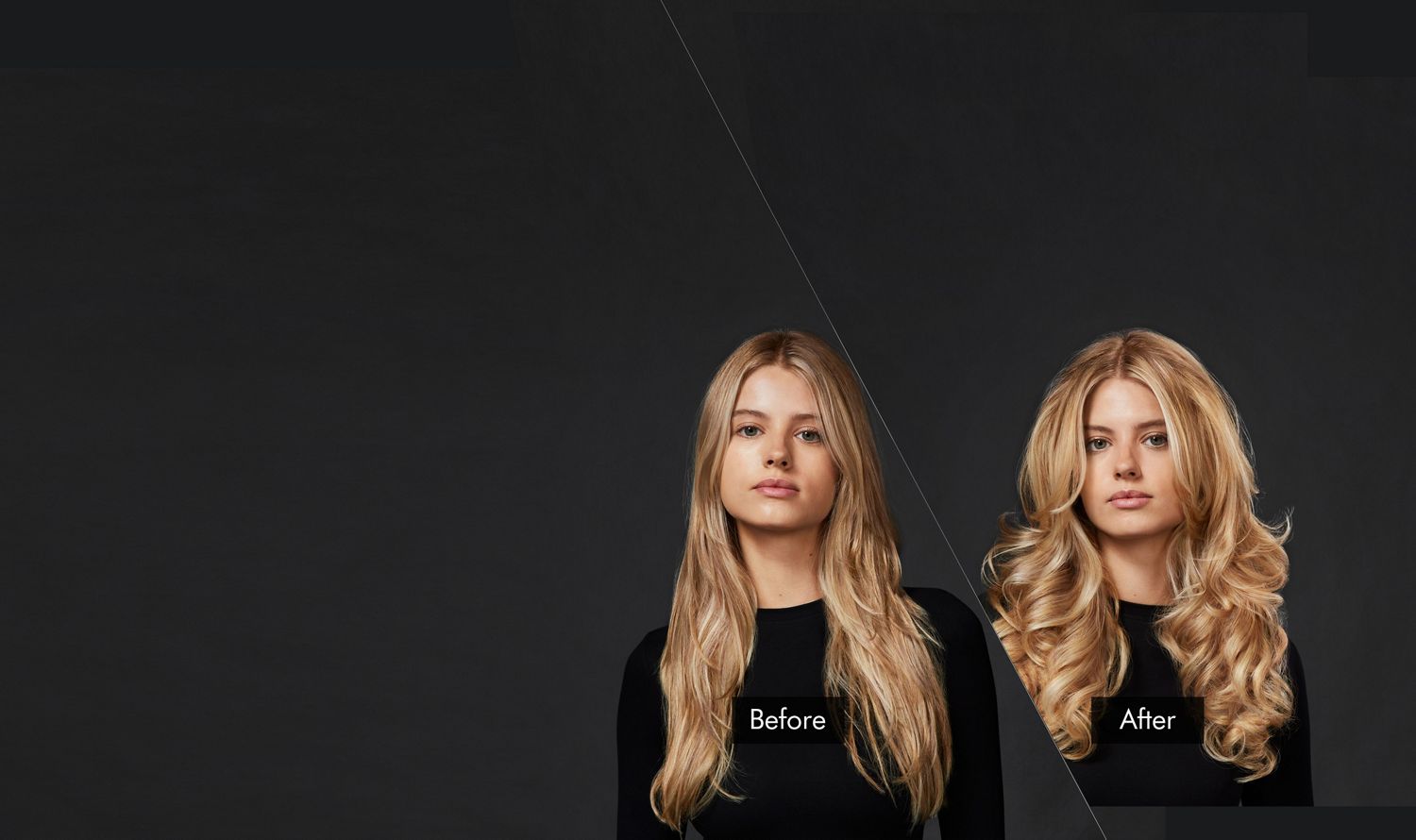 A blonde model. Her long, straight hair on the left is unstyled. Her hair on the right is in voluminous curls.