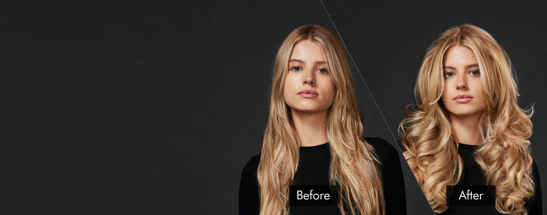 A blonde model. Her long, straight hair on the left is unstyled. Her hair on the right is in voluminous curls.