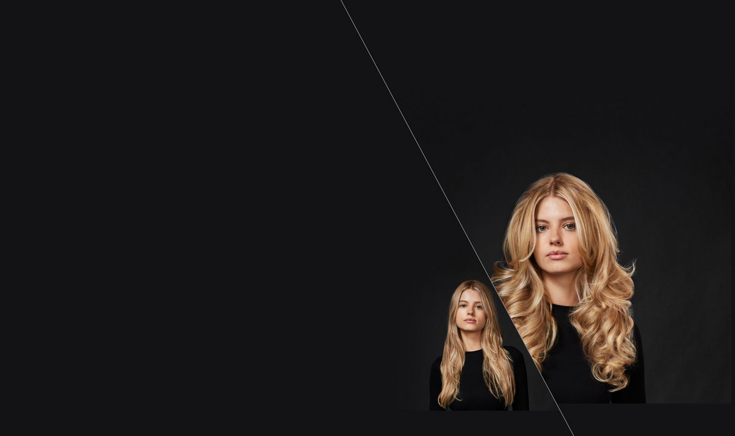 Femme aux cheveux blonds. À gauche, ses cheveux longs et droits sont à l’état naturel À droite, ses cheveux forment des boucles volumineuses.