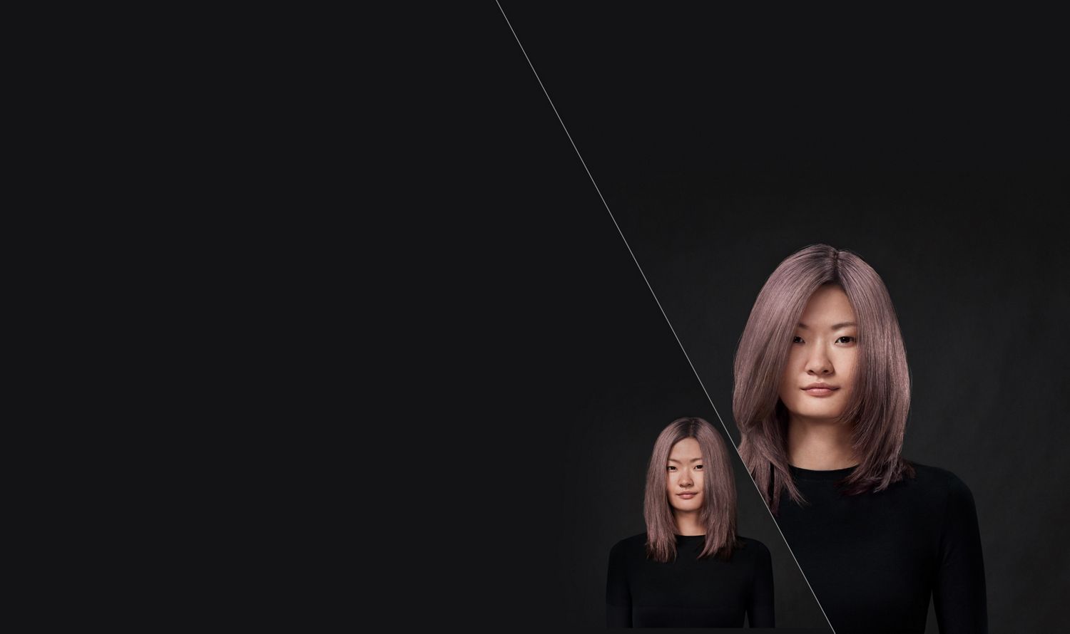 Femme aux cheveux bruns. À gauche, ses cheveux mi-longs et droits sont à l’état naturel. À droite, ils sont lisses et coiffés.