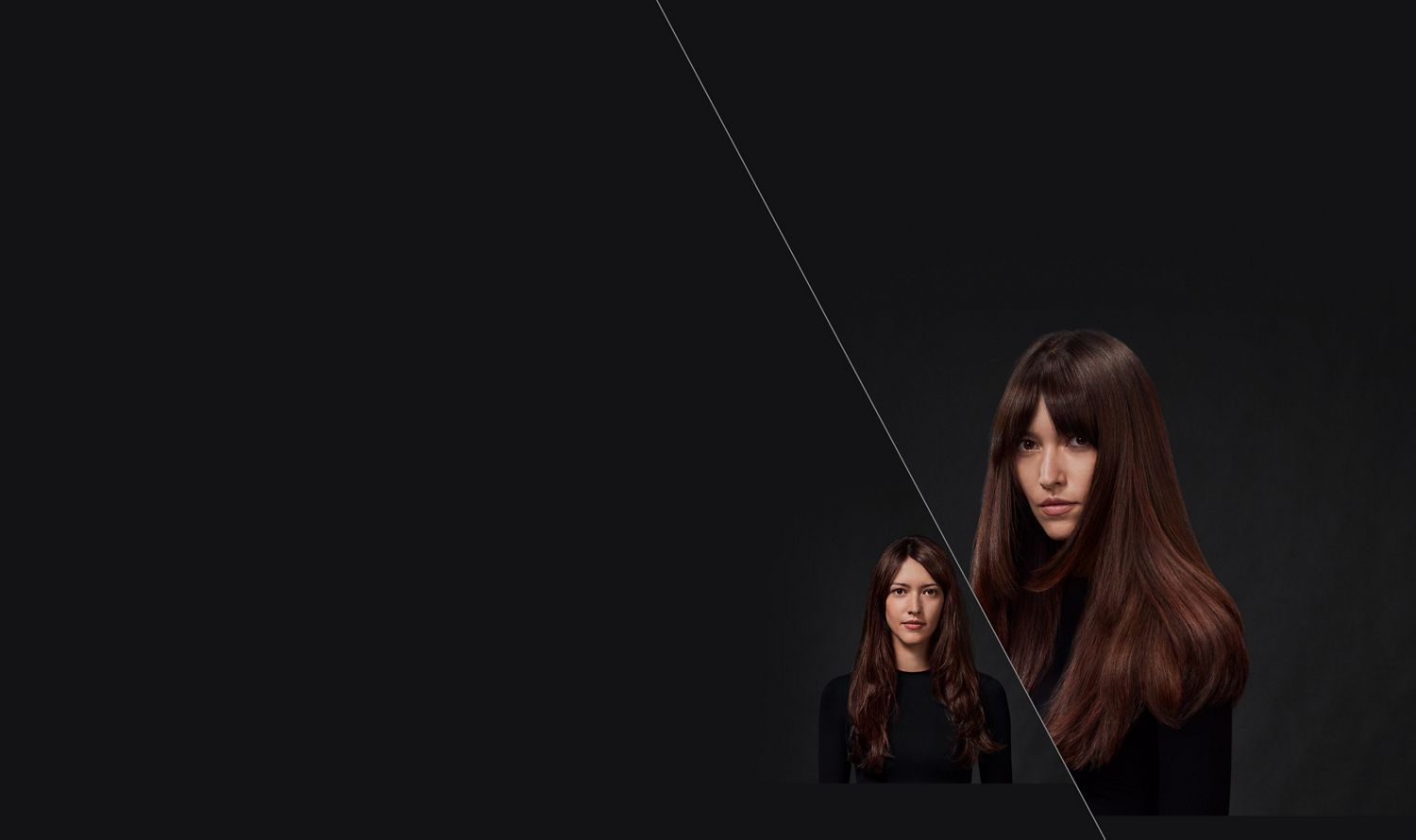 Femme aux cheveux bruns. À gauche, ses cheveux longs ondulés sont à l’état naturel. À droite, ils sont lisses et coiffés.