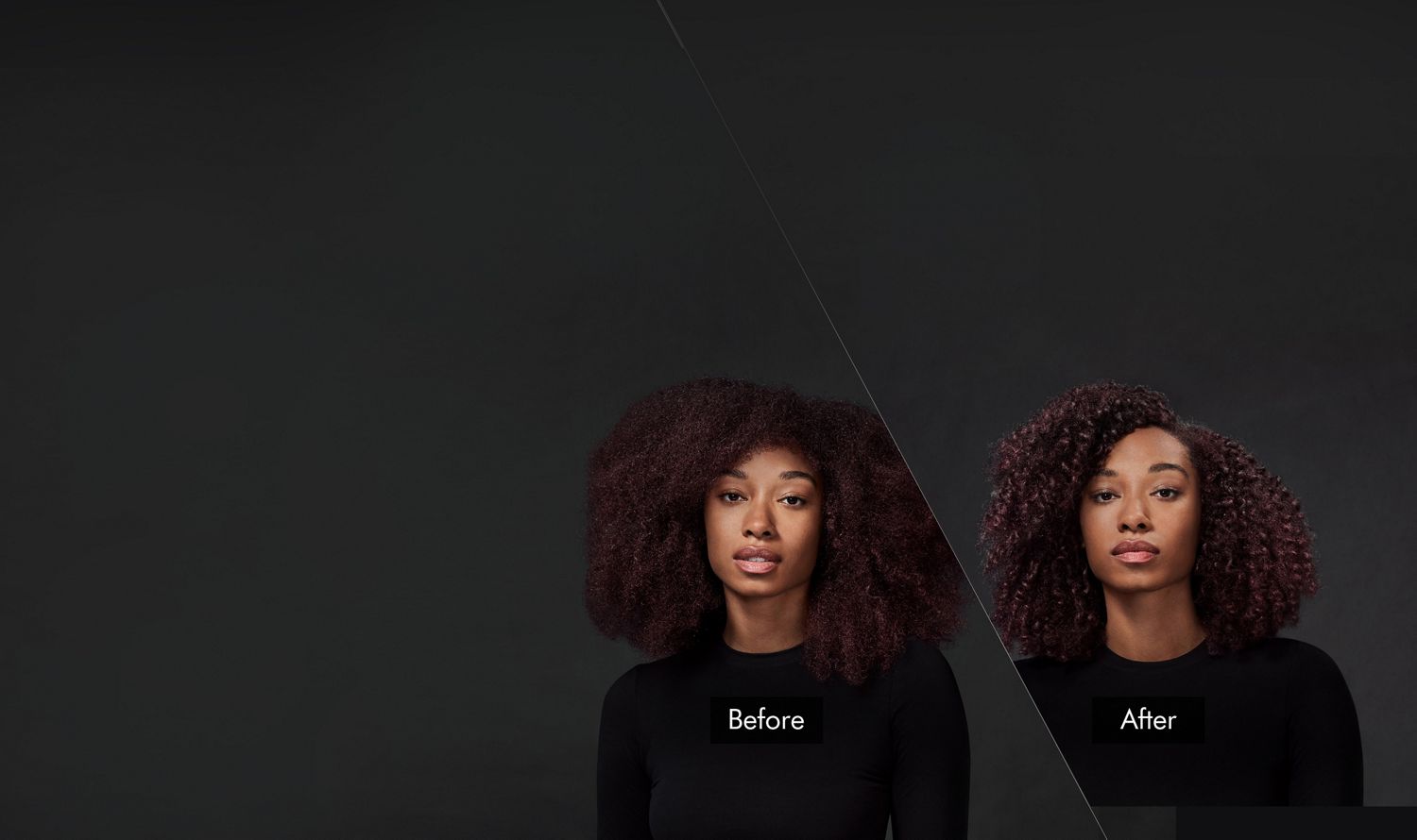 A model with red-brown hair. On the left, her long, coily hair is unstyled. To the right, it is styled with defined, diffused coils. 