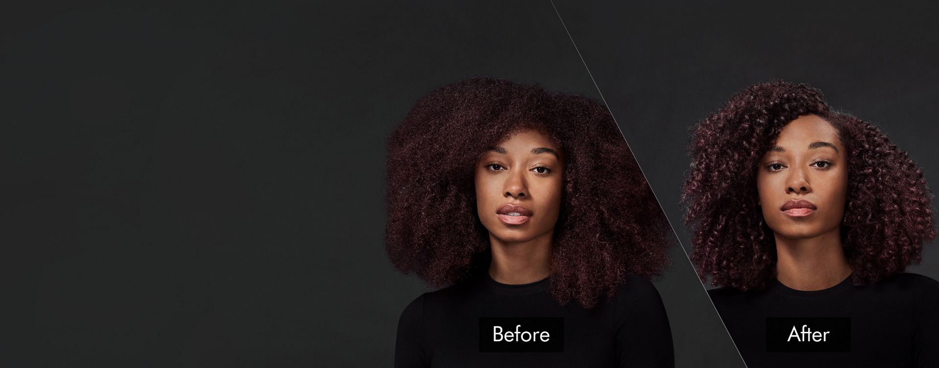 A model with red-brown hair. On the left, her long, coily hair is unstyled. To the right, it is styled with defined, diffused coils. 
