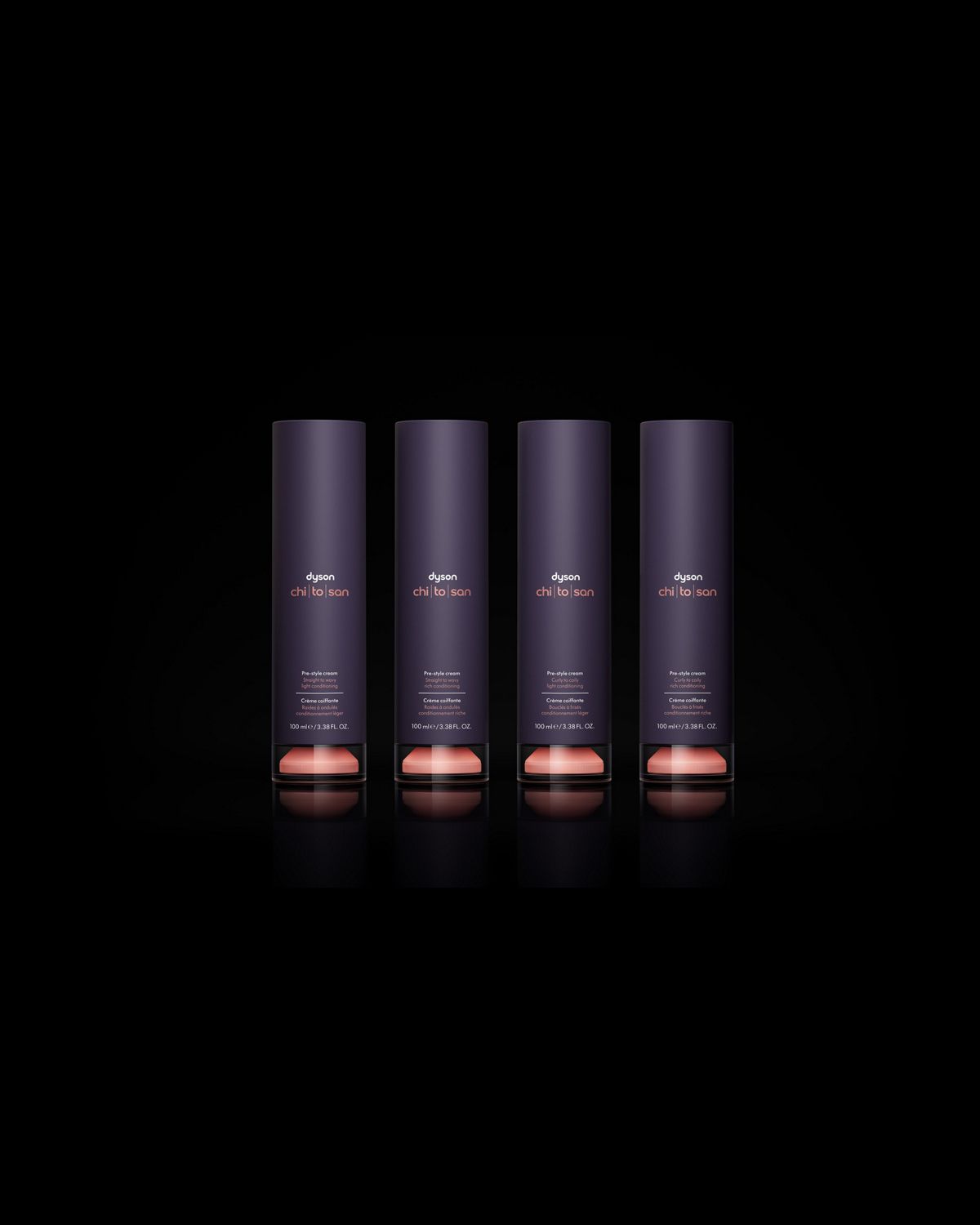 The four formula variants of Dyson Chitosan Pre-style cream, each is tailored to a different combination of hair type and conditioning preference. 