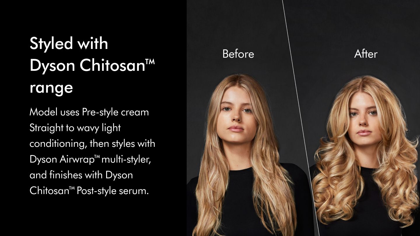 Before and after of model with straight to wavy hair using Chiosan pre-style light conditioning cream