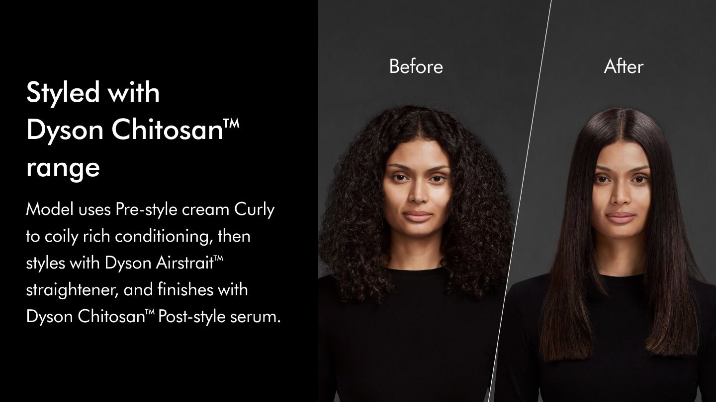 Before and after of model with curly to coily hair using Chiosan pre-style rich conditioning cream