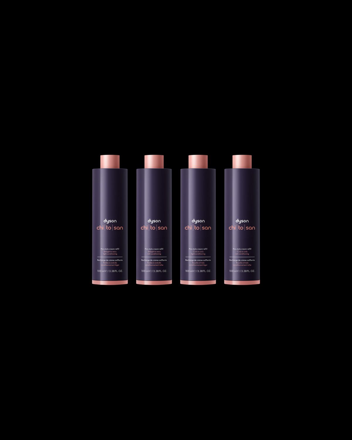 The four formula variants of Dyson Chitosan Pre-style cream, each is tailored to a different combination of hair type and conditioning preference. 
