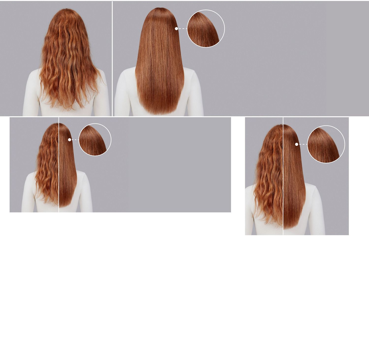 Model with wavy hair before and after styling with the Dyson Chitosan range.