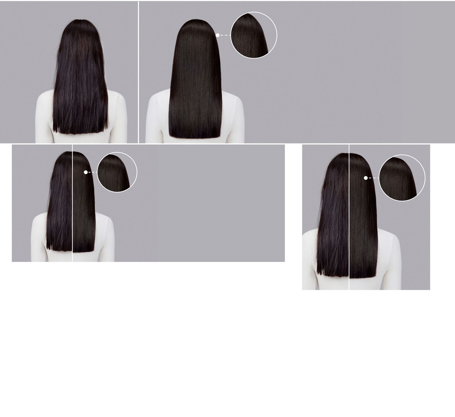 Model with straight hair before and after styling with the Dyson Chitosan range.