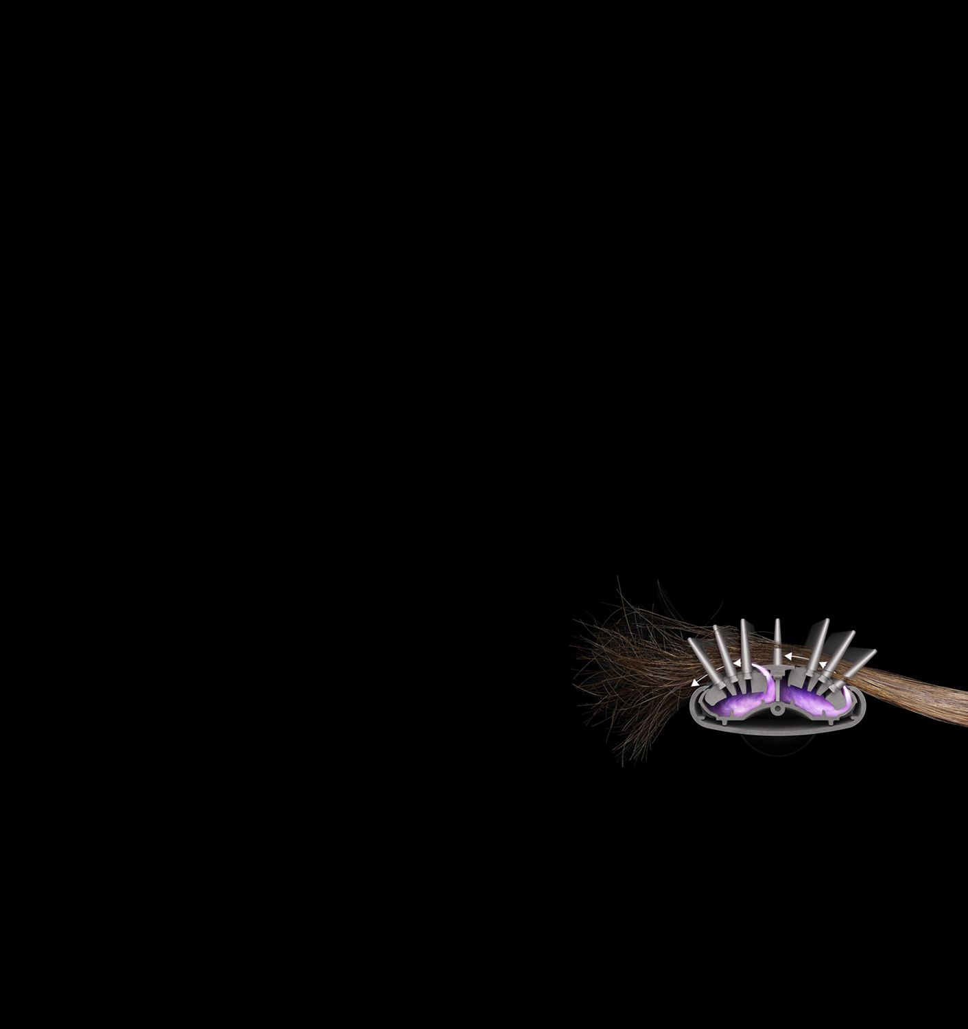 The Coanda effect attracts hair to brush The Coanda effect attracts hair to brush