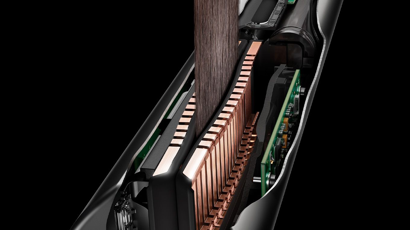 Vue latérale du moteur Hyperdymium, avec le flux d'air visualisé en bleu vif.