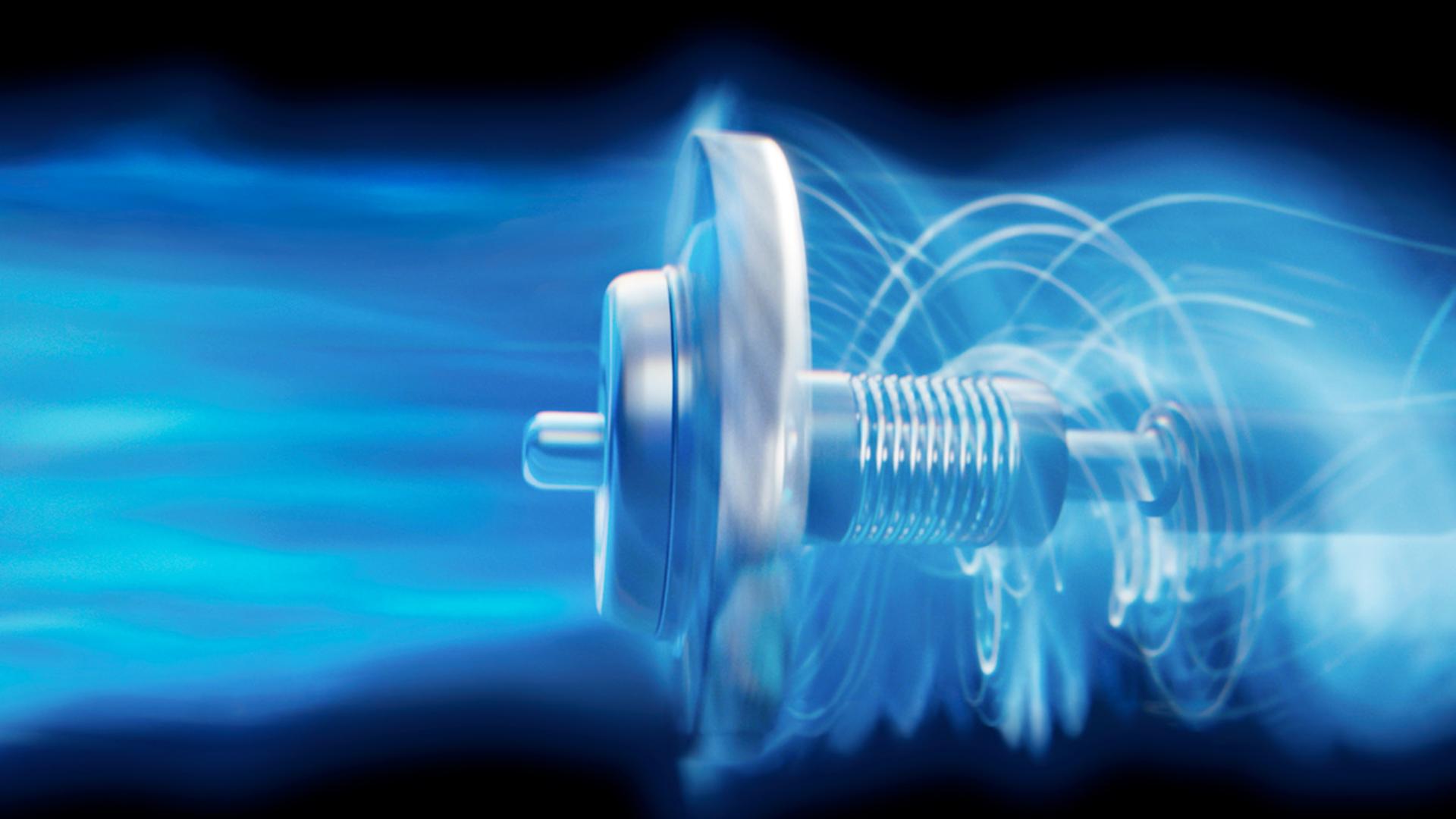 The Hyperdymium motor, with airflow visualised in bright blue.