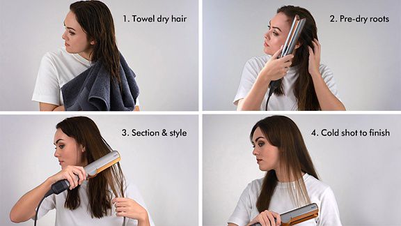 Four images demonstrating how to use the Dyson Airstrait. Step 1: Towel dry hair. Step 2: Pre-dry roots using the Dyson Airstrait. Step 3: Section hair and style using the Dyson Airstrait. Step 4: Use the cold shot to finish styling.