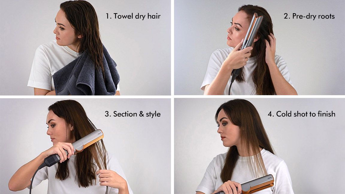 Four images demonstrating how to use the Dyson Airstrait. Step 1: Towel dry hair. Step 2: Pre-dry roots using the Dyson Airstrait. Step 3: Section hair and style using the Dyson Airstrait. Step 4: Use the cold shot to finish styling.