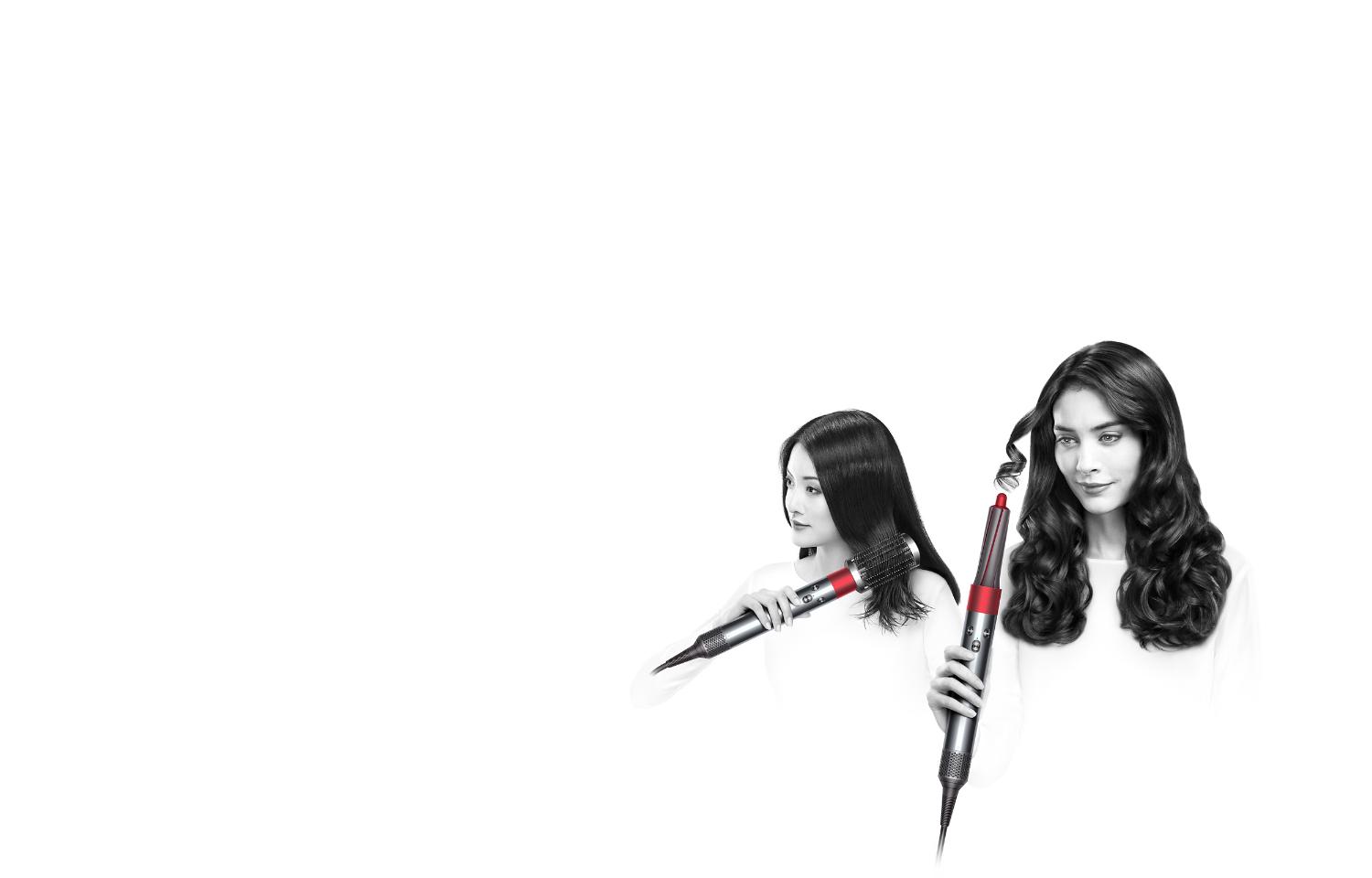 Dyson Airwrap™ styler Complete in nickel/red Two models using the smoothing brush and Dyson Airwrap™ hair styler in nickel/red