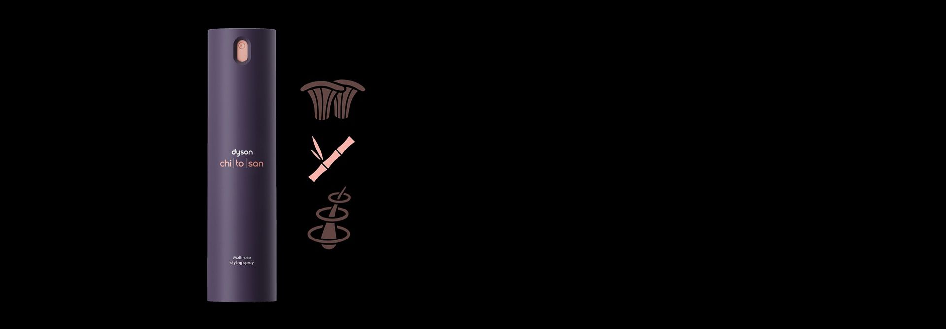 Dyson Chitosan Multi-use styling spray with a pink bamboo shoot icon.