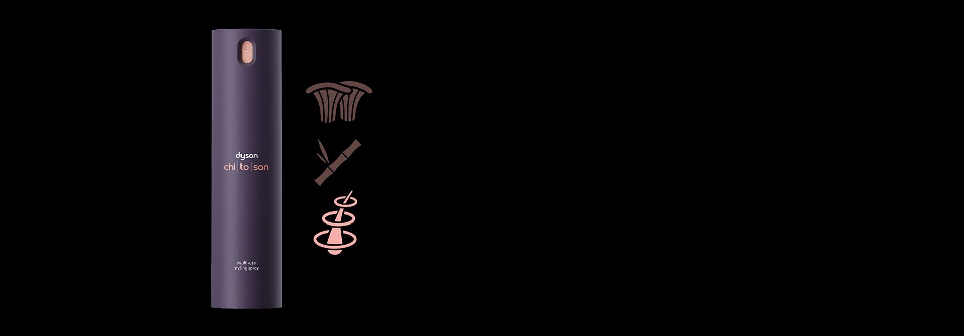 Dyson Chitosan Multi-use styling spray with a pink amino acid icon.