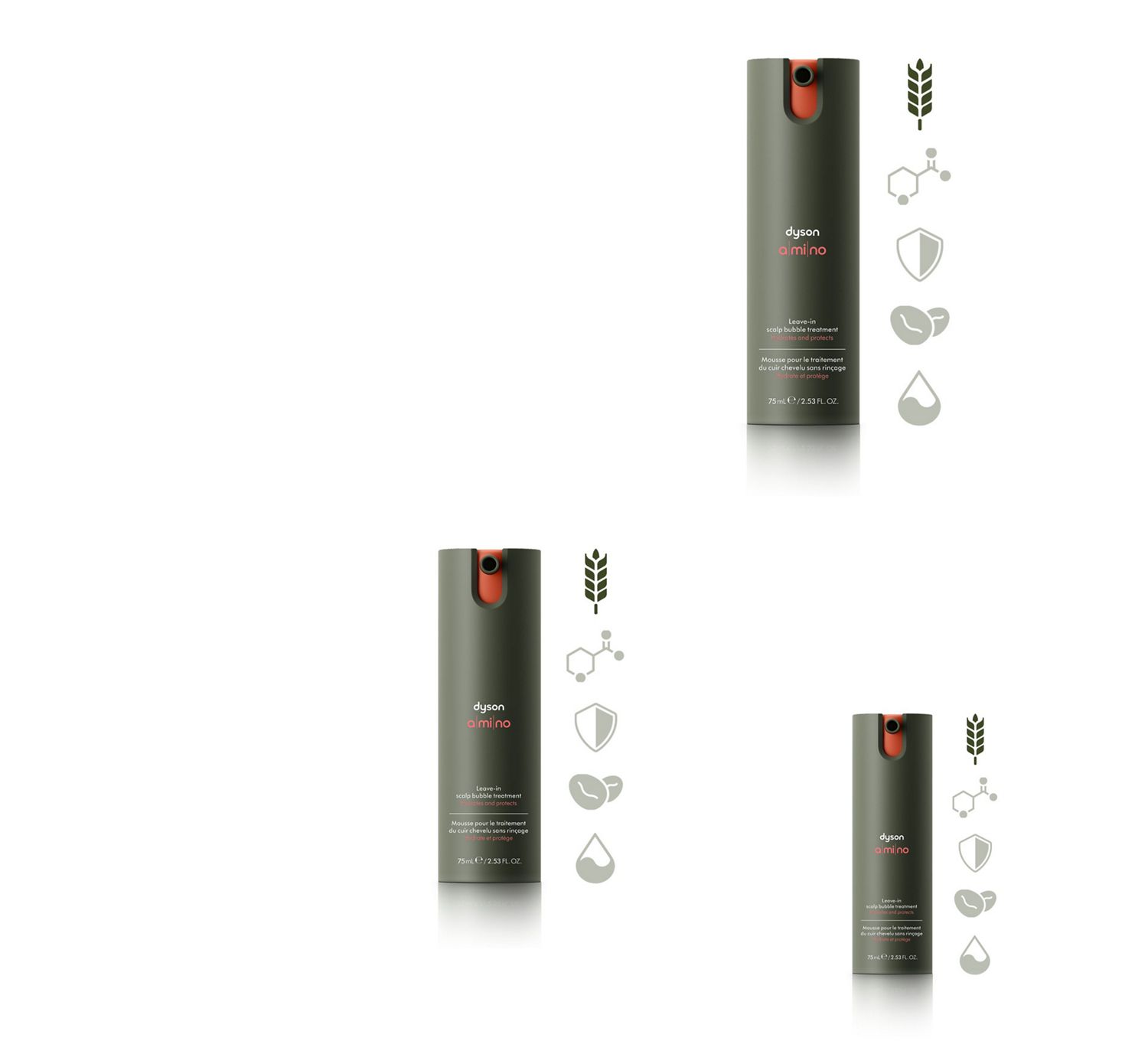 Dyson Amino Leave-in scalp bubble treatment with a barley stalk icon.