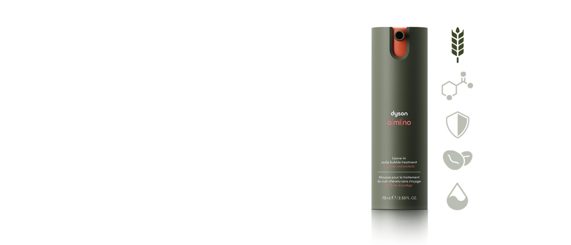 Dyson Amino Leave-in scalp bubble treatment with a barley stalk icon.