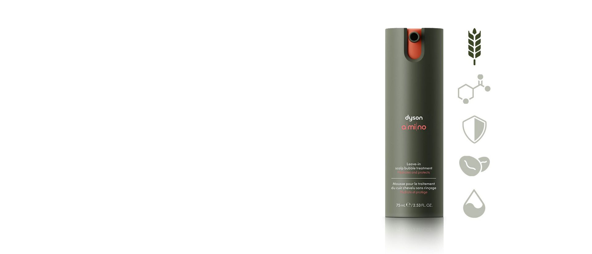 Dyson Amino Leave-in scalp bubble treatment with a barley stalk icon.