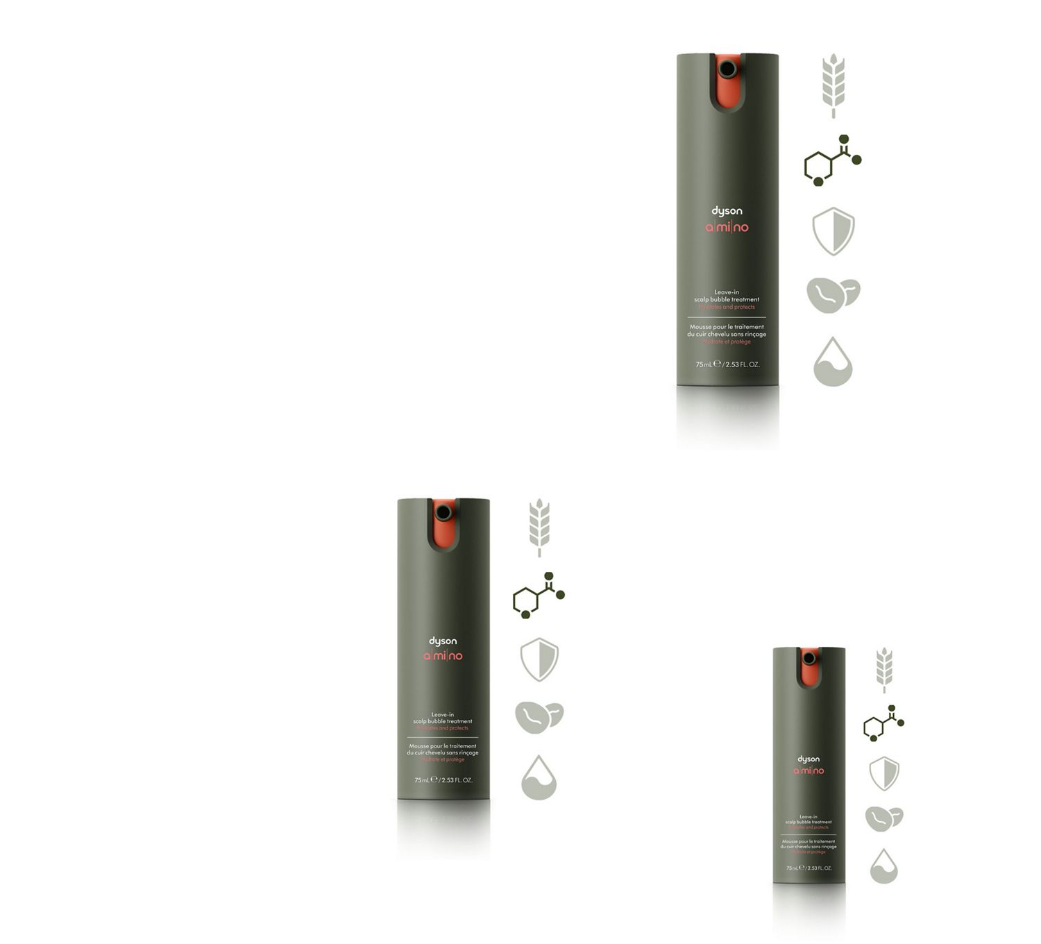 Dyson Amino Leave-in scalp bubble treatment with a molecule icon.