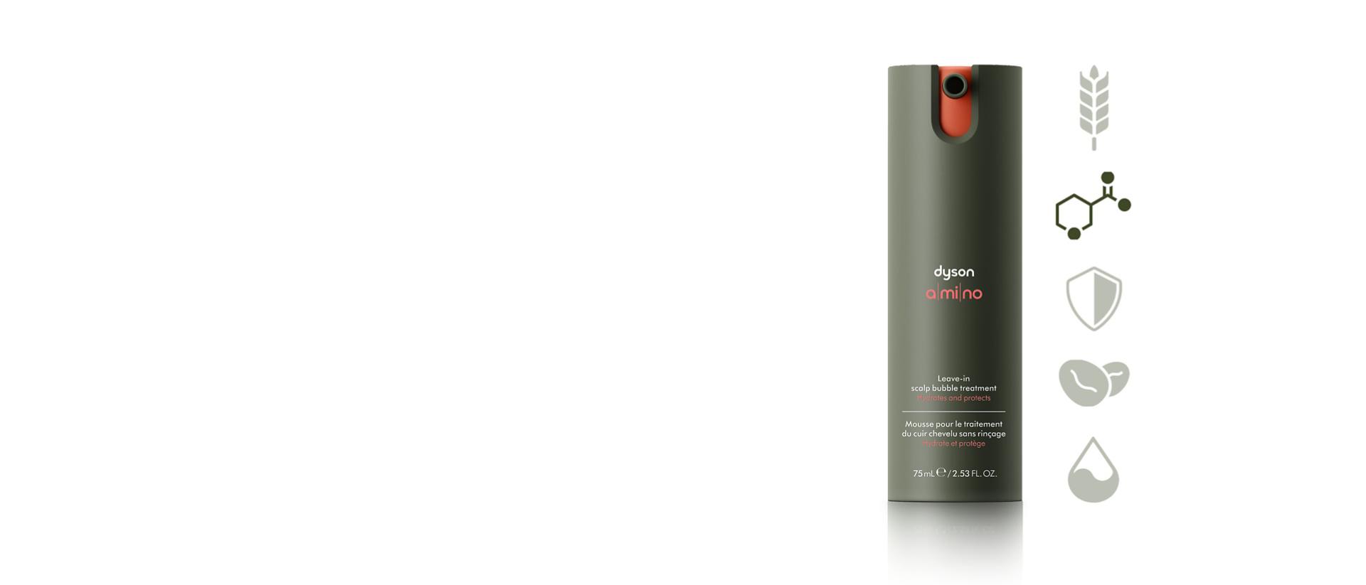 Dyson Amino Leave-in scalp bubble treatment with a molecule icon.