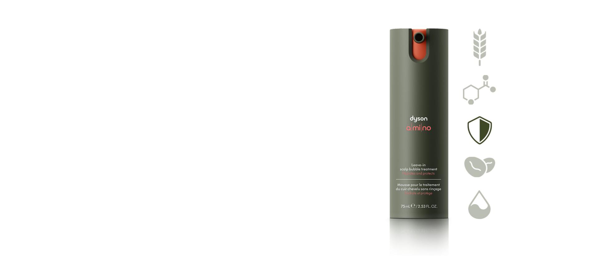 Dyson Amino Leave-in scalp bubble treatment with a shield icon.