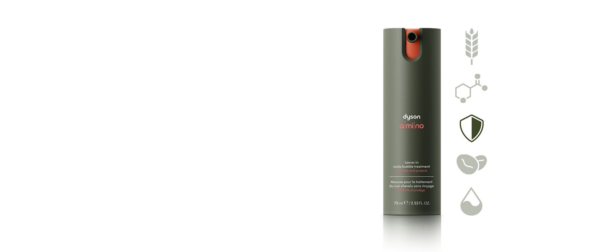 Dyson Amino Leave-in scalp bubble treatment with a shield icon.