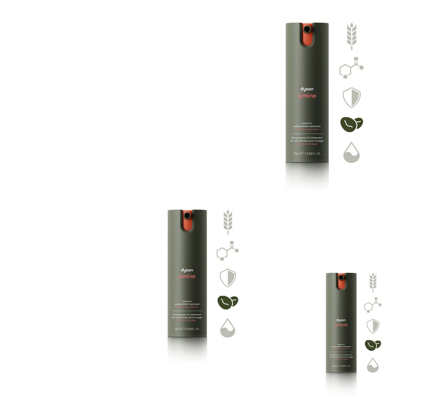 Dyson Amino Leave-in scalp bubble treatment with a coffee bean icon.