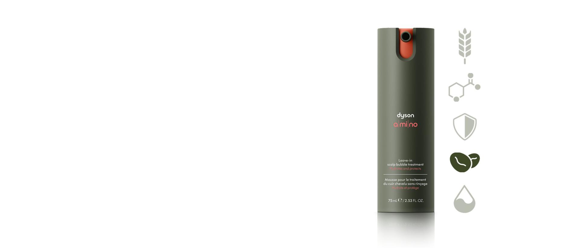 Dyson Amino Leave-in scalp bubble treatment with a coffee bean icon.