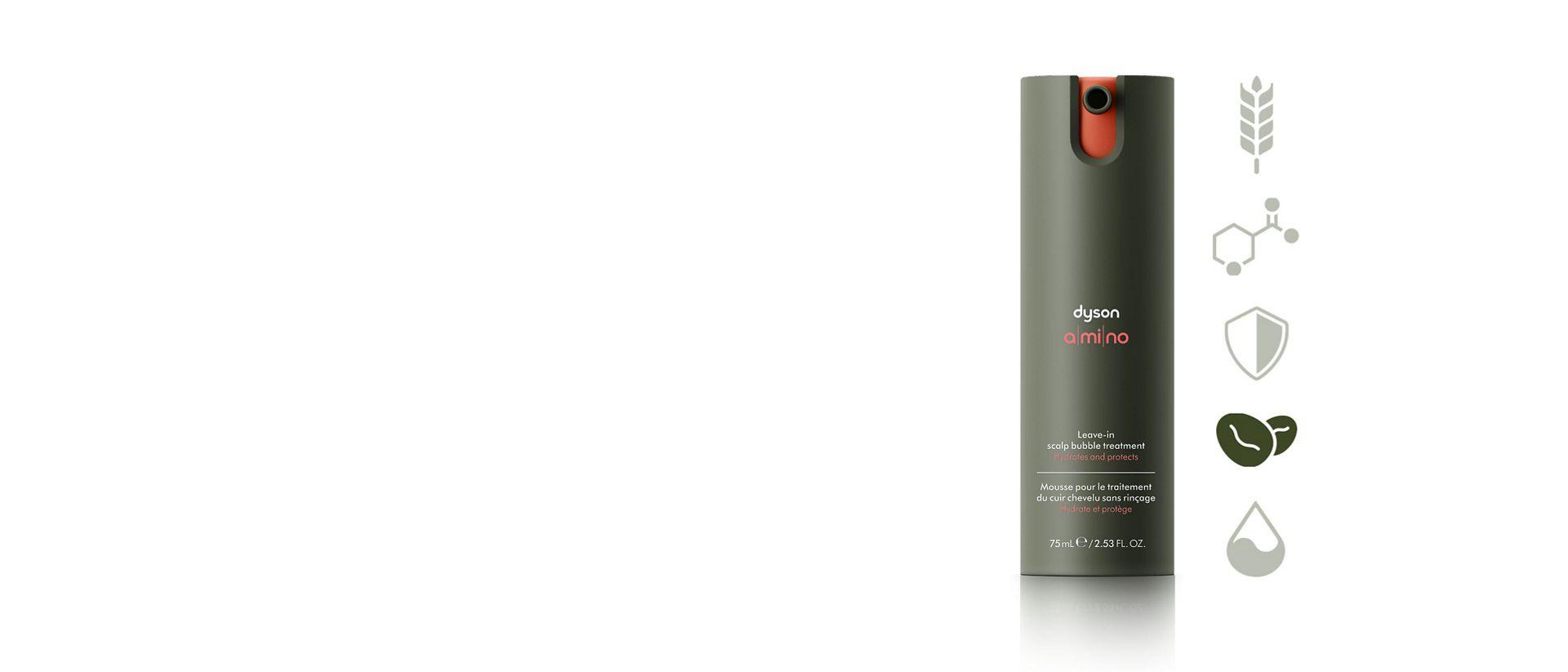 Dyson Amino Leave-in scalp bubble treatment with a coffee bean icon.
