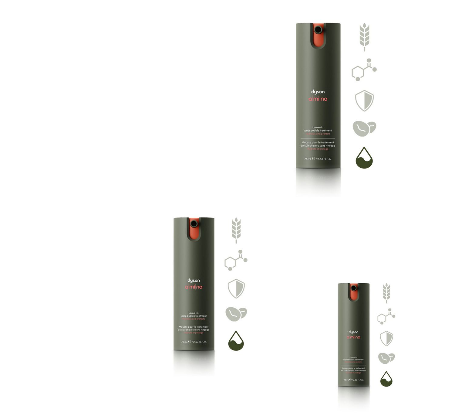 Dyson Amino Leave-in scalp bubble treatment with a liquid droplet icon.
