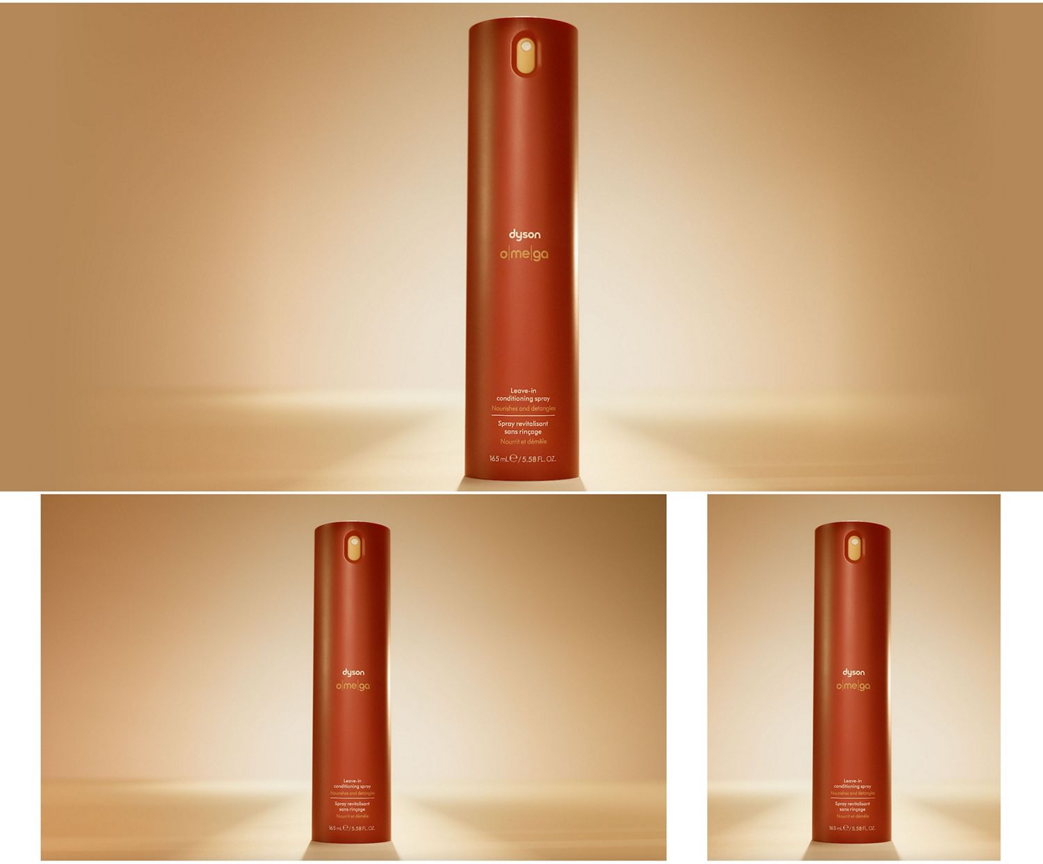 Dyson Omega leave-in conditioning spray illuminated with a warm orange glow.
